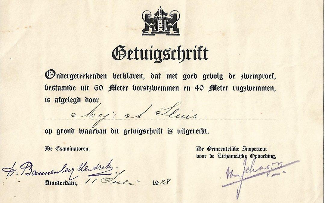 Diploma – Getuigschrift Gemeentelijke Inspectie voor Lichamelijke Oefening Amsterdam (1928)
