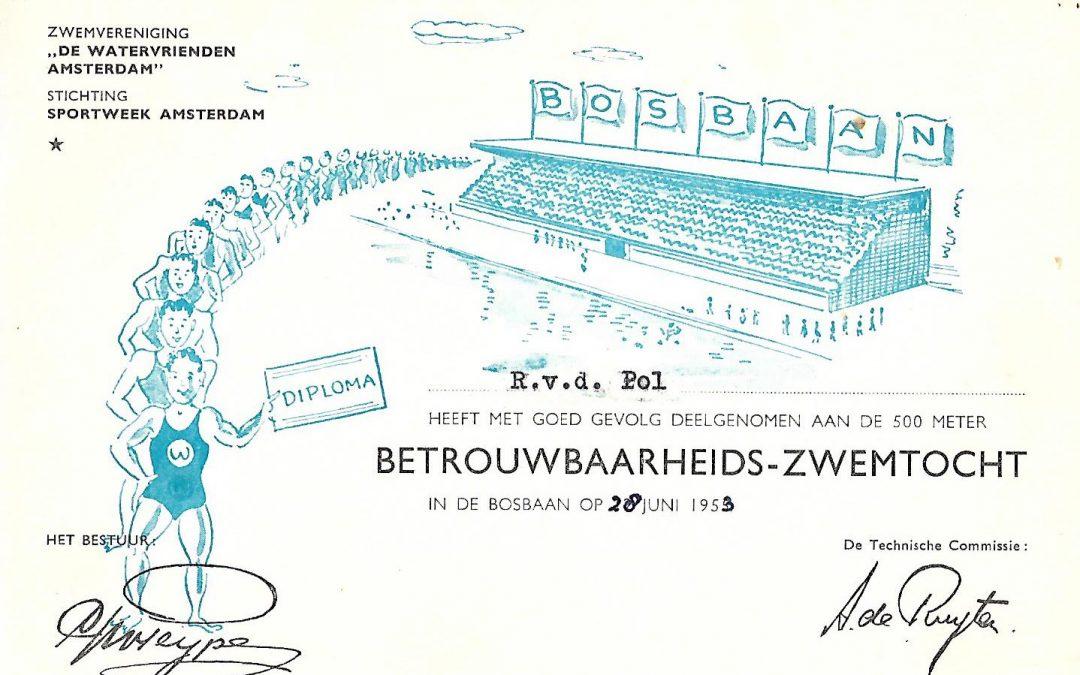 Diploma – Betrouwbaarheids-zwemtocht Watervrienden Amsterdam (1953)