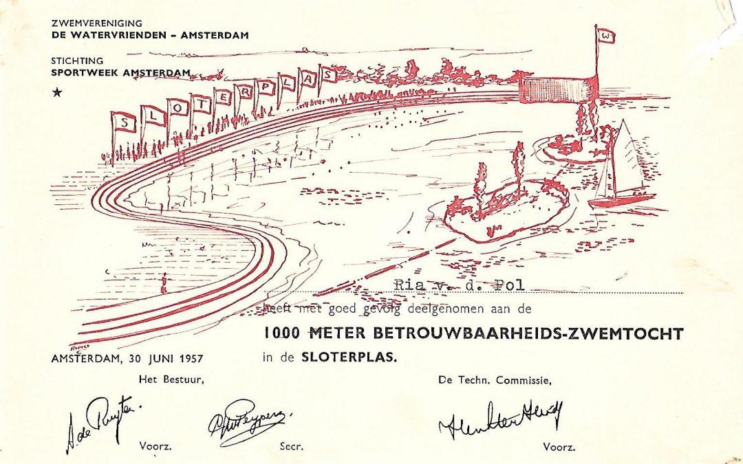 Diploma – Betrouwbaarheids-zwemtocht Watervrienden Amsterdam (1957)