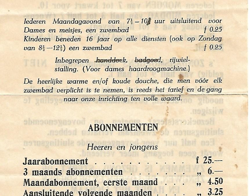 Prijslijst – Zuiderbad Amsterdam (1941)