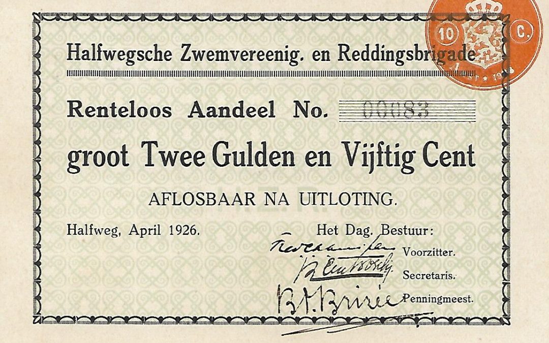 Aandeel – Halfwegsche Zwemvereeniging en Reddingsbrigade (1926)